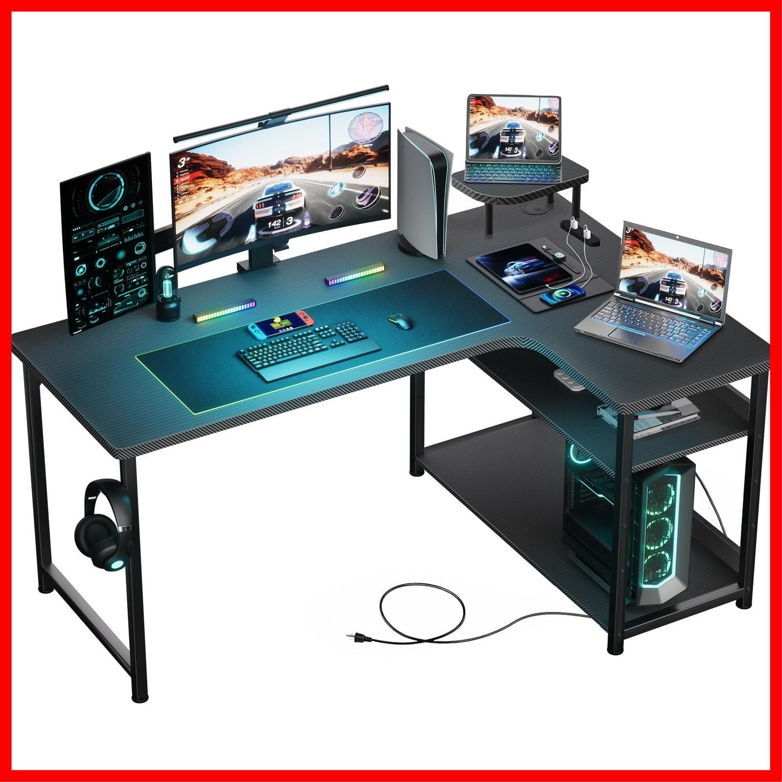 ゲームデスク 棚付きl字デスク 書斎デスク オフィスデスク 勉強机 pcデスク 机 ジーティーレーシング Black DL 001 79奥行き 110幅 74 5高さ ワークデスク 右棚 配線穴付き 小型モニター台 棚高さ調節 モニターアーム対応 ラック付き