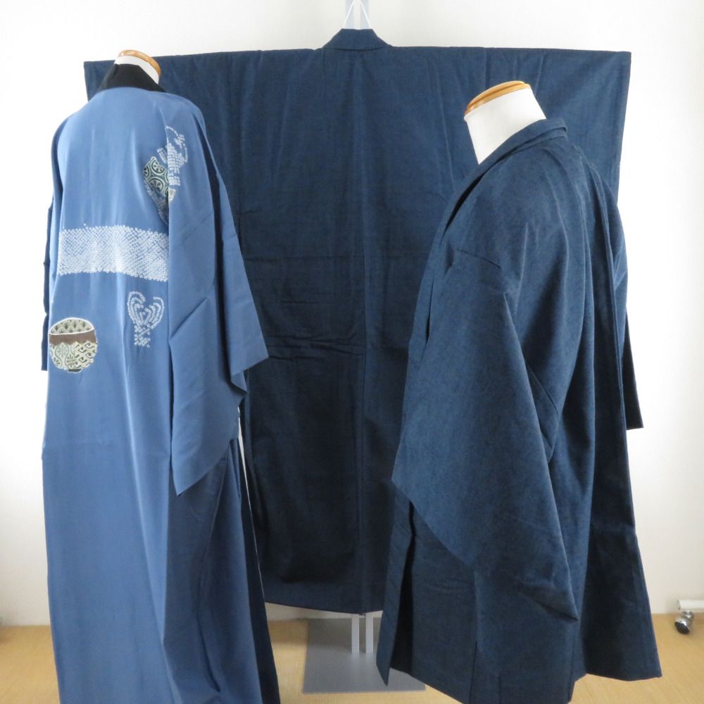 男着物 紬 アンサンブル 襦袢付 袷 紺色 正絹 男性用きもの 羽織 金閣寺模様 襦袢セット 絞り 三点セット男物 カジュアル 身丈143 cm