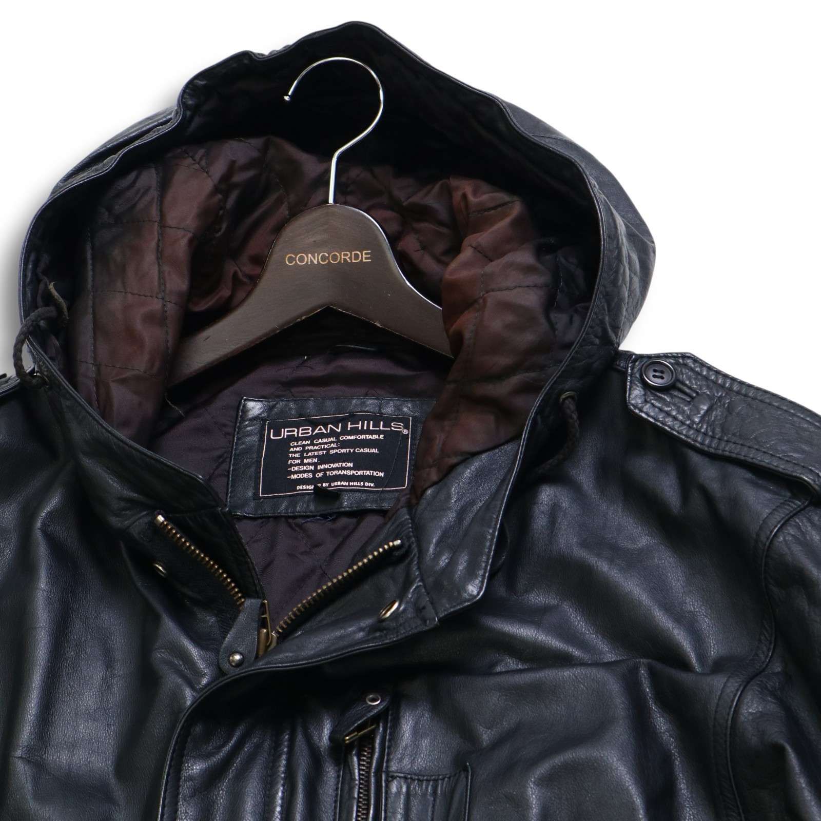 URBAN HILLS アーバンヒルズ 秋冬 牛革 リアル カウ レザー キルティング 中綿 ミリタリー モッズ コート Sz.L メンズ 黒