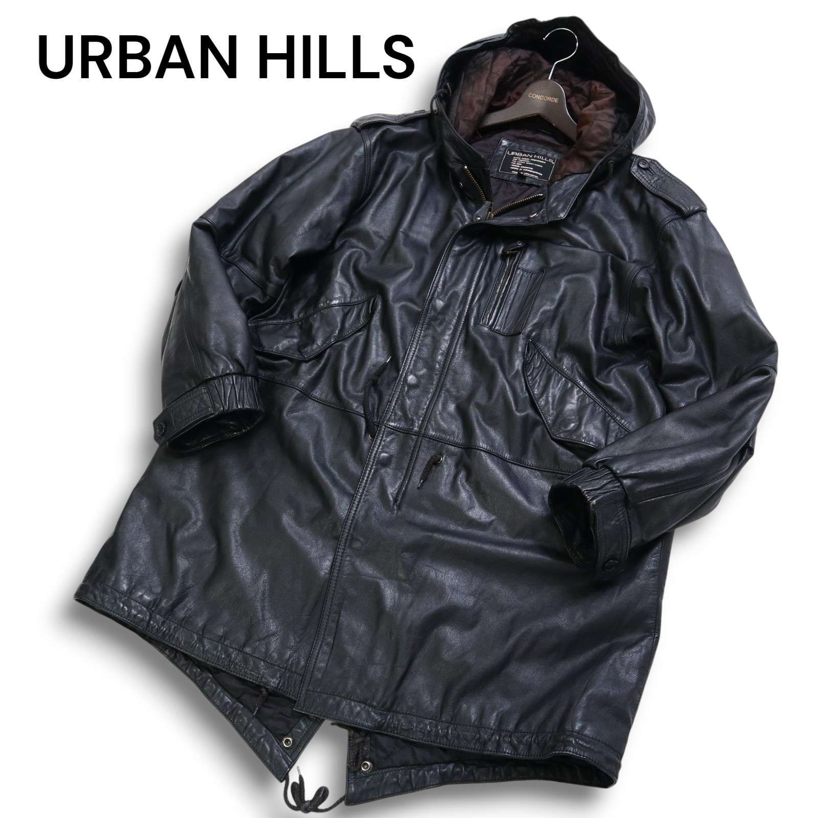 URBAN HILLS アーバンヒルズ 秋冬 牛革 リアル カウ レザー キルティング 中綿 ミリタリー モッズ コート Sz.L メンズ 黒