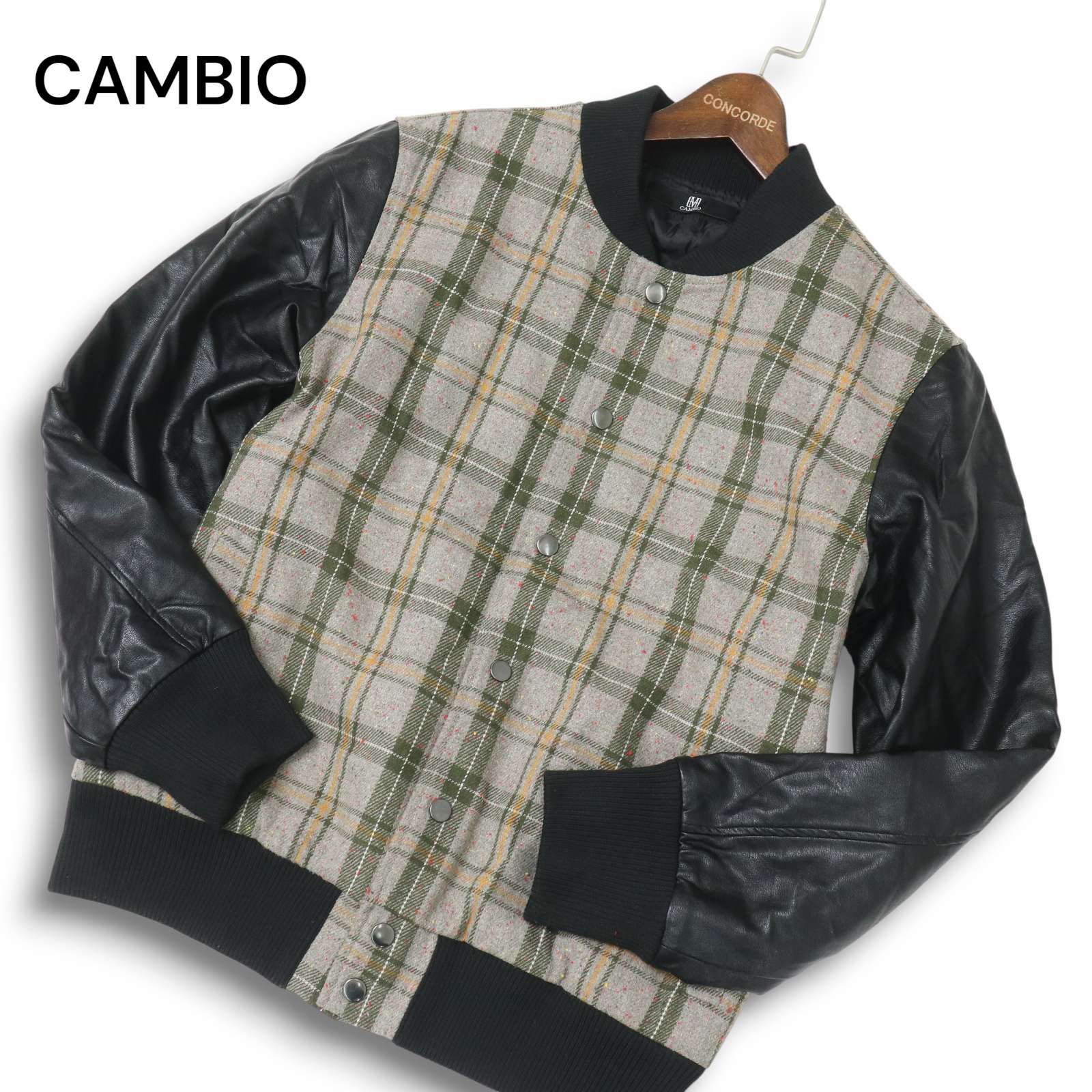 CAMBIO カンビオ 袖革 Fレザー × チェック ネップ ウール スタジャン ジャケット Sz.L メンズ