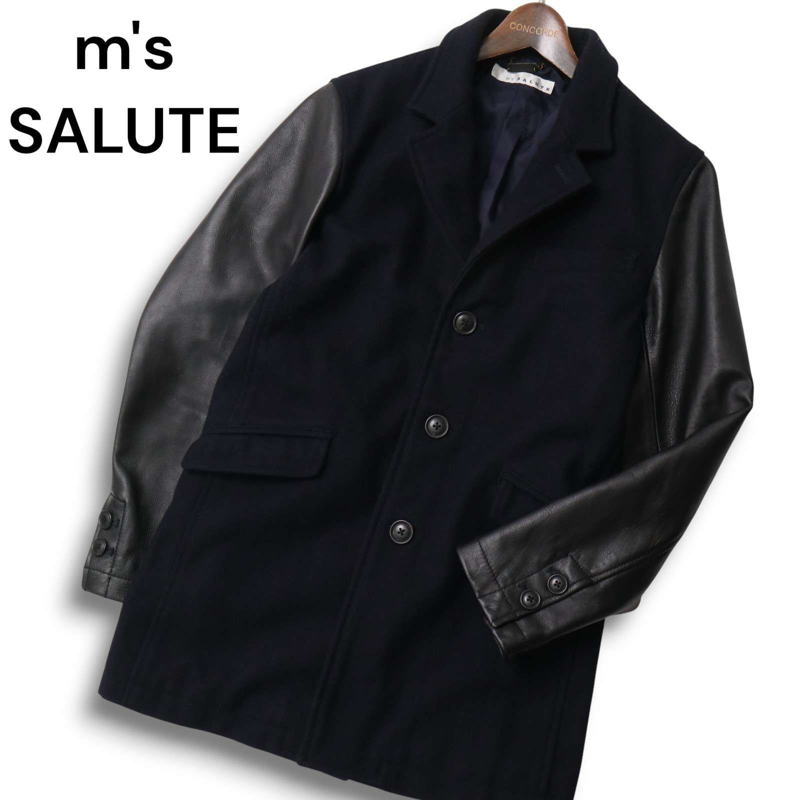 m s SALUTE エムズ 秋冬 袖革 切替 ウール チェスター コート Sz S位 メンズ 紺 ネイビー