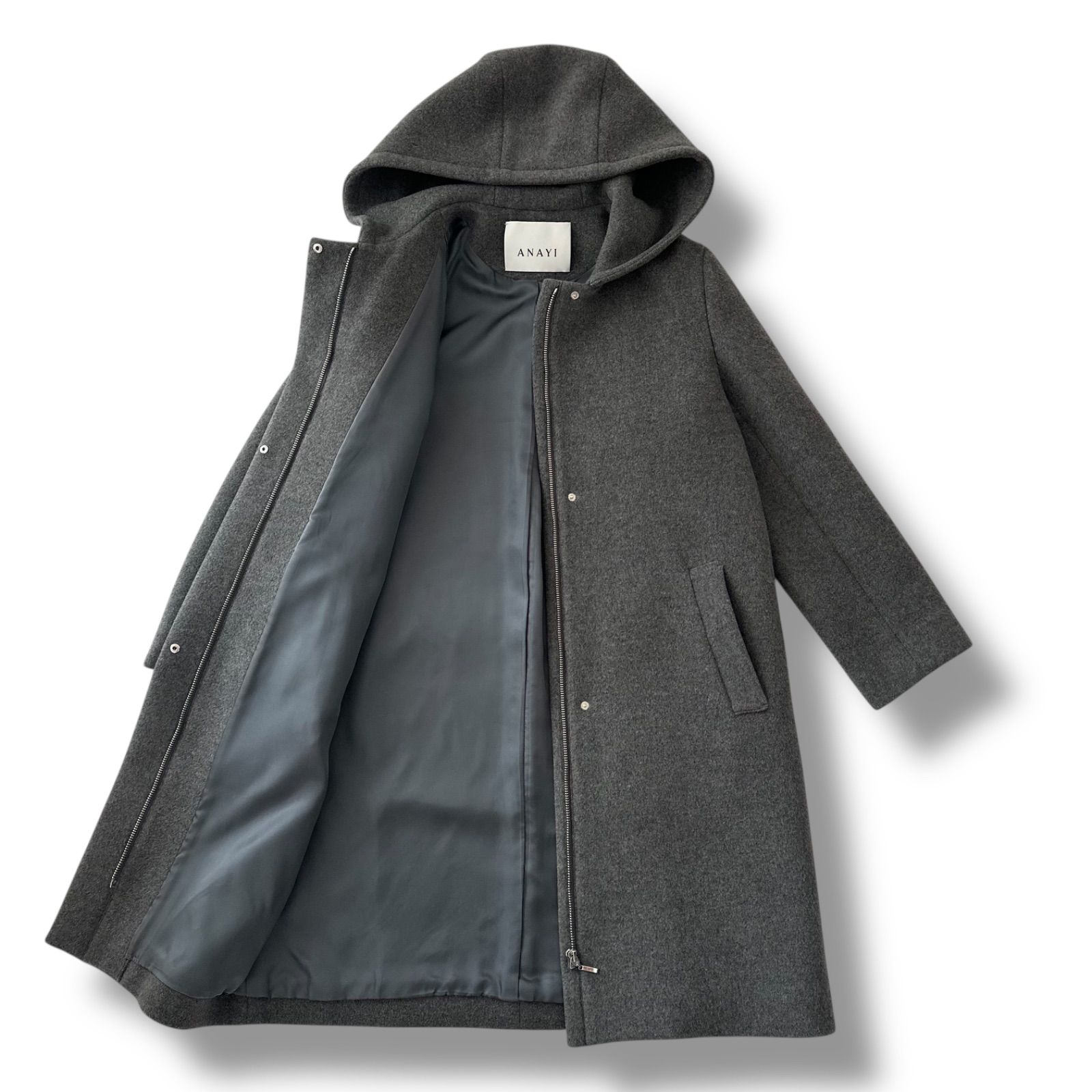 ANAYI フード付きグレーコート ANAYI ダブルビーバー フードコート グレー 38 M 日本製 ウールコート