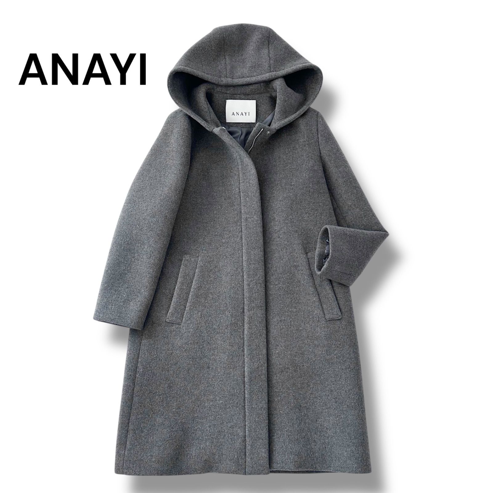 ANAYI フード付きグレーコート ANAYI ダブルビーバー フードコート グレー 38 M 日本製 ウールコート