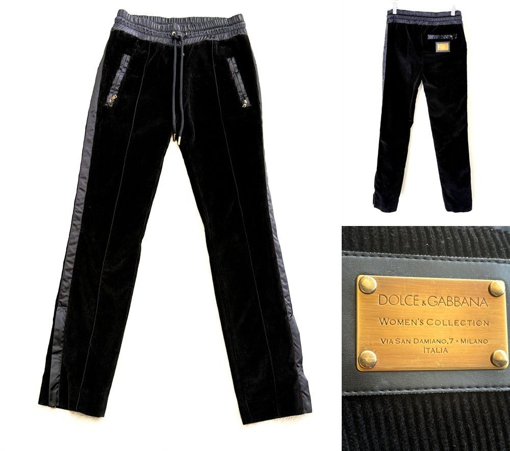 未使用 極美品 DOLCE&GABBANA / ドルチェ＆ガッバーナ コレクションモデル サイドライン ジップ トラックパンツ イージーパンツ コーデュロイ パンツ フレア プレート 36 秋冬 ブラック プリーツ