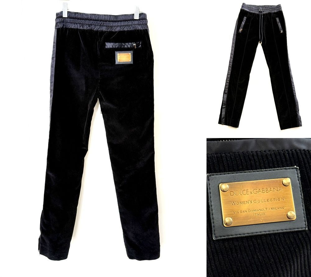 DOLCE GABBANA ドルチェ＆ガッバーナ モデル サイドライン ジップ トラックパンツ イージーパンツ コーデュロイ パンツ フ プレート 36 秋冬 ブラック プリーツ