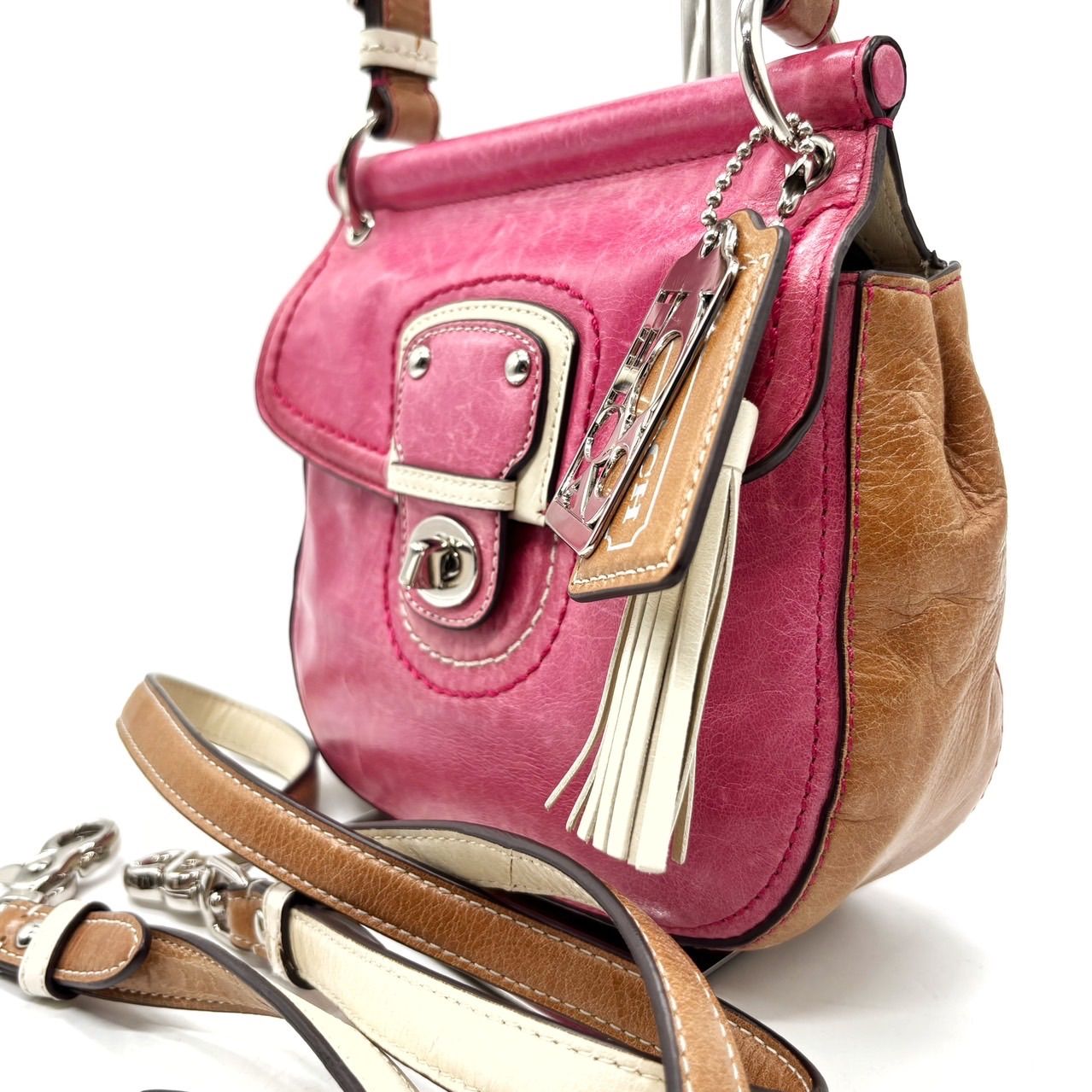良品】 COACH コーチ ターンロック ピンク 2way アクセサリーポーチ 