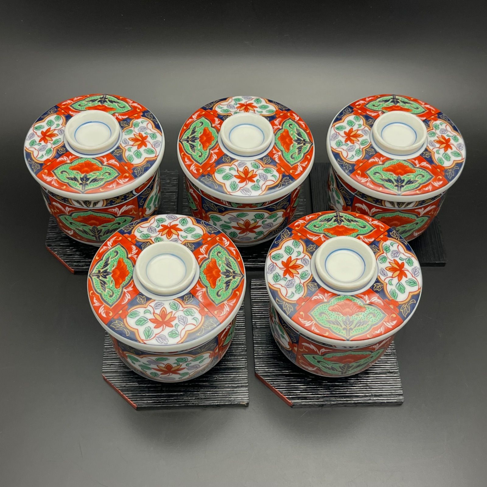 ◼︎未使用保管品◼︎【有田焼 古伊万里】龍峰窯 蓋付 茶碗蒸し椀 5客