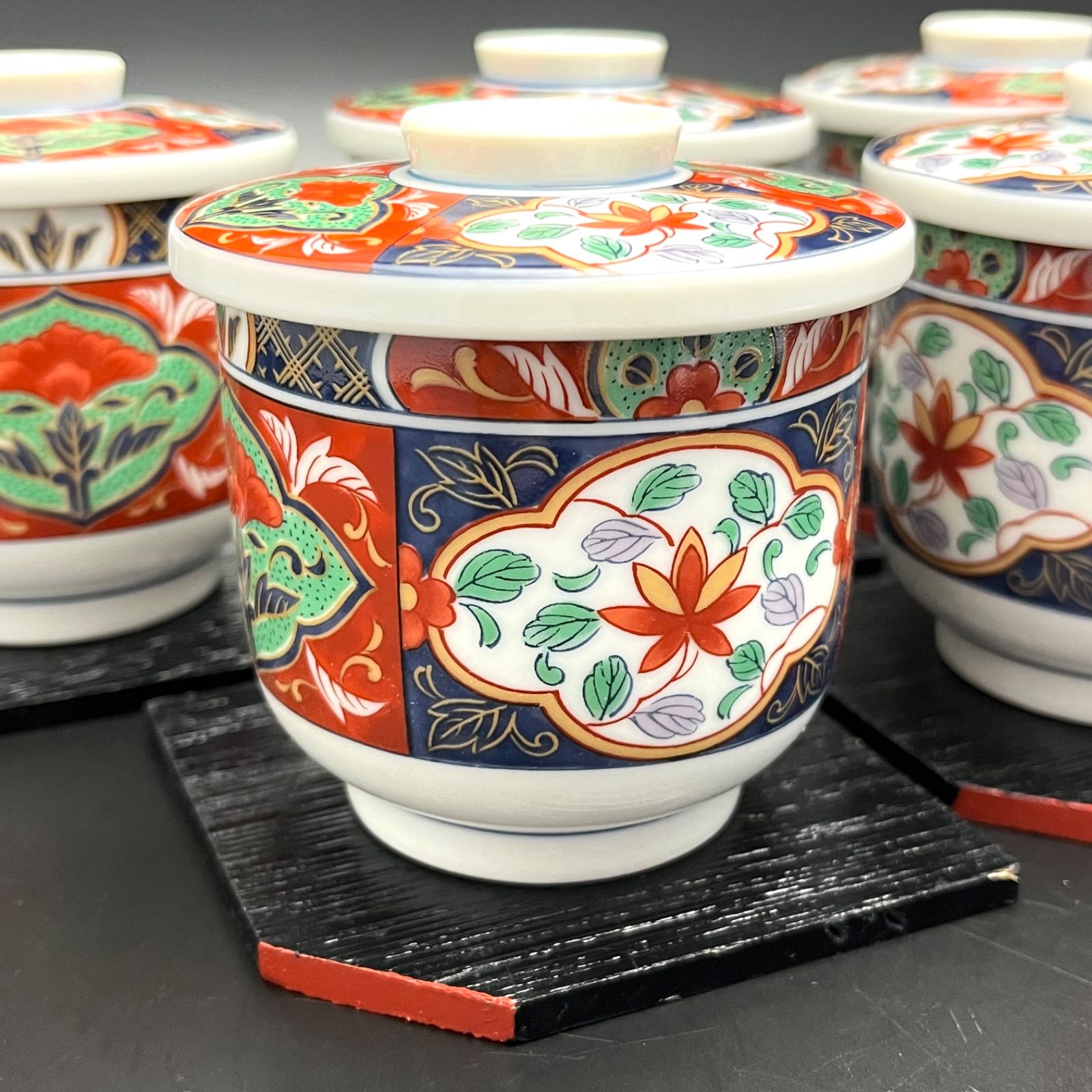 ◼︎未使用保管品◼︎【有田焼 古伊万里】龍峰窯 蓋付 茶碗蒸し椀 5客