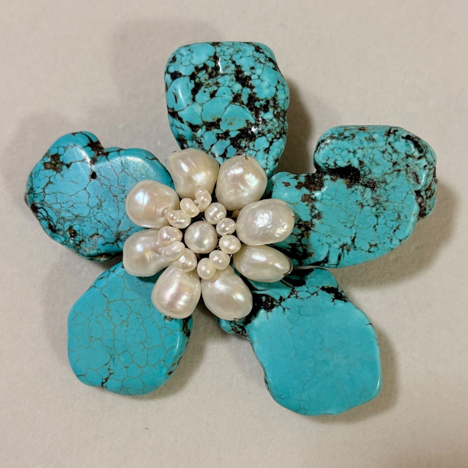 天然ターコイズ パール 大ぶりブローチ