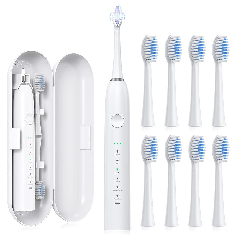 電動歯ブラシ 音波式 電動ハブラシ横振り IPX 7防水 6モード音波歯ブラシ 替えブラシ8本付 充電式 収納ケース付き 2分間オートタイマー機能 携帯便利 旅行 YU 2 0