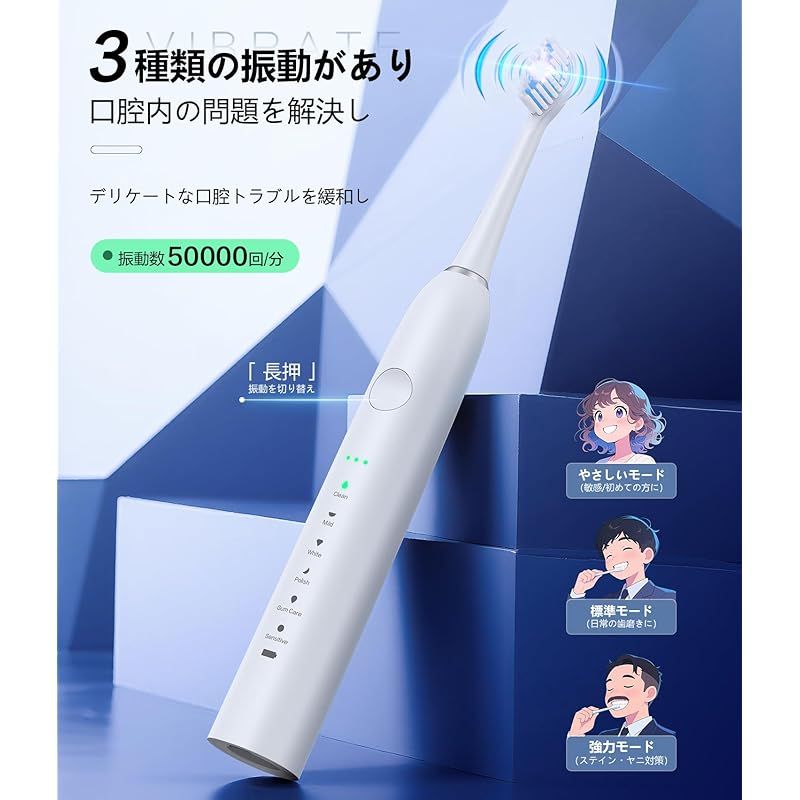 電動歯ブラシ 音波式 電動ハブラシ横振り IPX 7防水 6モード音波歯ブラシ 替えブラシ8本付 充電式 収納ケース付き 2分間オートタイマー機能 携帯便利 旅行 YU 2 0