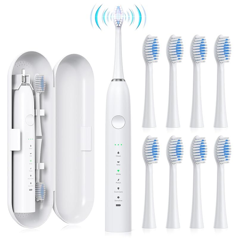  電動歯ブラシ 音波式 電動ハブラシ横振り IPX 7防水 6モード音波歯ブラシ 替えブラシ8本付 充電式 収納ケース付き 2分間オートタイマー機能 携帯便利 旅行 YU 2 0 歯ブラシ オーラルケア