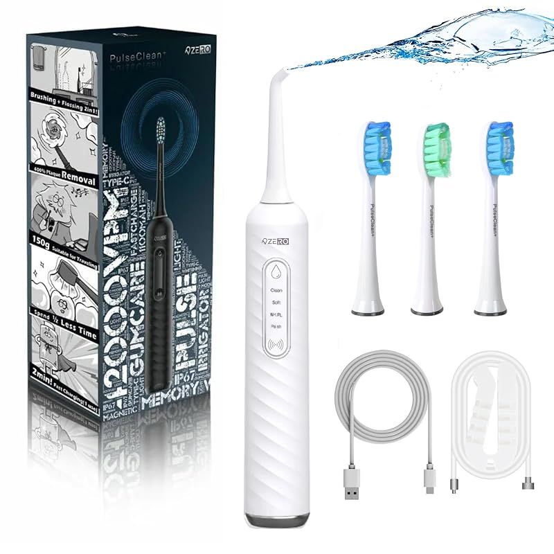メディア掲載多数 ZERO 口腔洗浄器｜2 in 1音波式電動歯ブラシ＆ジェットウォッシャーPulseClean パルスクリーンプラス こうくう洗浄機 ジェットフロス ウォーターフロス タンクレス 毎分42 000回の音波振動 ホワイト 本体セット