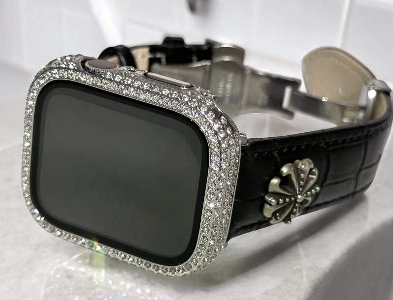 ブラック シルバー アップルウォッチバンド 本革レザーベルト クロコダイル Apple Watch 画面保護カバー glassパヴェケース キラキラ メッキ 40 mm 41 42 44 45 46 49 ultra ウルトラ メンズ レディース