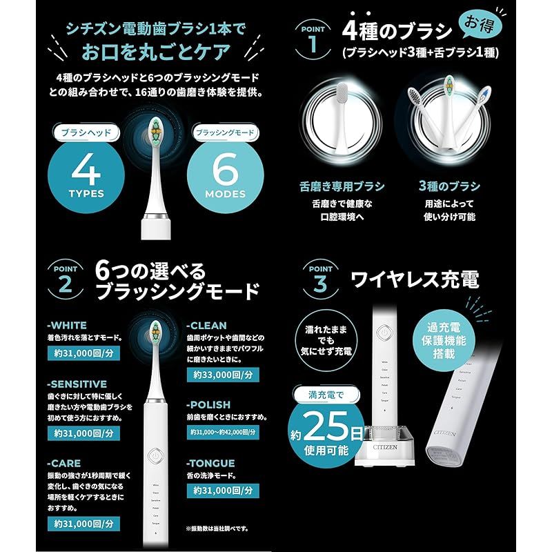  シチズン 音波式 電動歯 EHS 552-2 6モード 搭載 舌磨き 対応 舌 付き 防水 替え セット 優しく 磨く 電動 歯 ホワイトニング 舌クリーナー 充電台 プレゼント ギフト 口腔洗浄機 オーラルケア