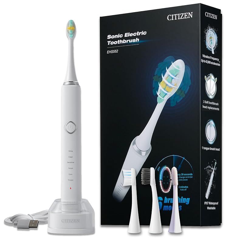 シチズン 音波式 電動歯 EHS 552-2 6モード 搭載 舌磨き 対応 舌 付き 防水 替え セット 優しく 磨く 電動 歯 ホワイトニング 舌クリーナー 充電台 プレゼント ギフト