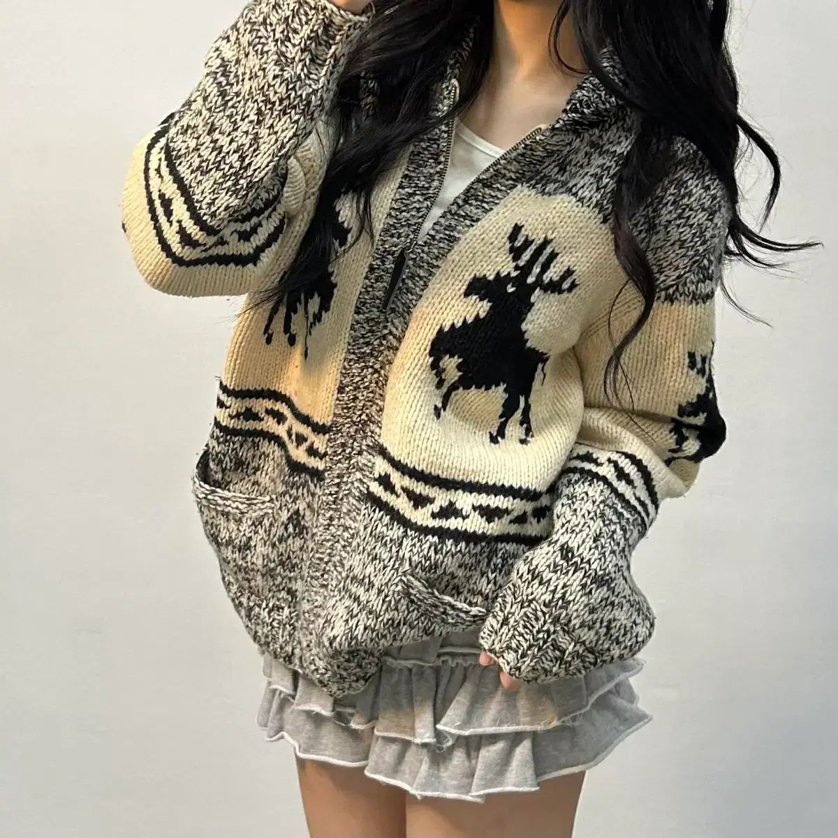 日本ヴィンテージ ノルディック ウール ニット ジップアップ (L)