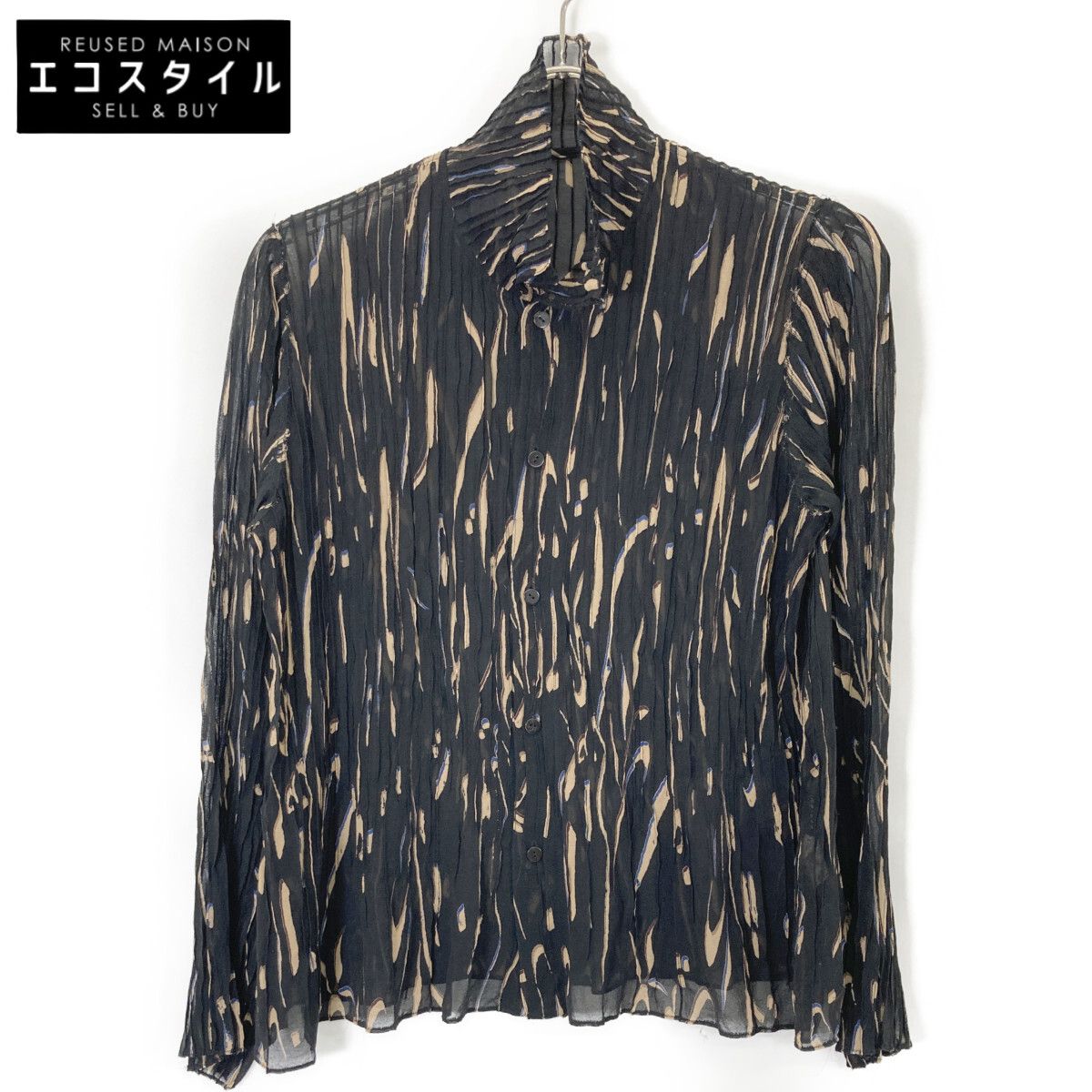 ヨーガンレール　黒　長袖ブラウス　ラップスタイル JURGEN LEHL ヨーガンレール ﾌﾞﾗｯｸ ﾊｲﾈｯｸ 総柄 長袖ﾌﾞﾗｳｽ 表記なし