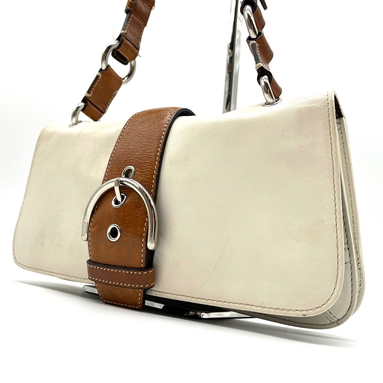 良品】 COACH Y2K belt leather bi-color white brown shoulder bag 