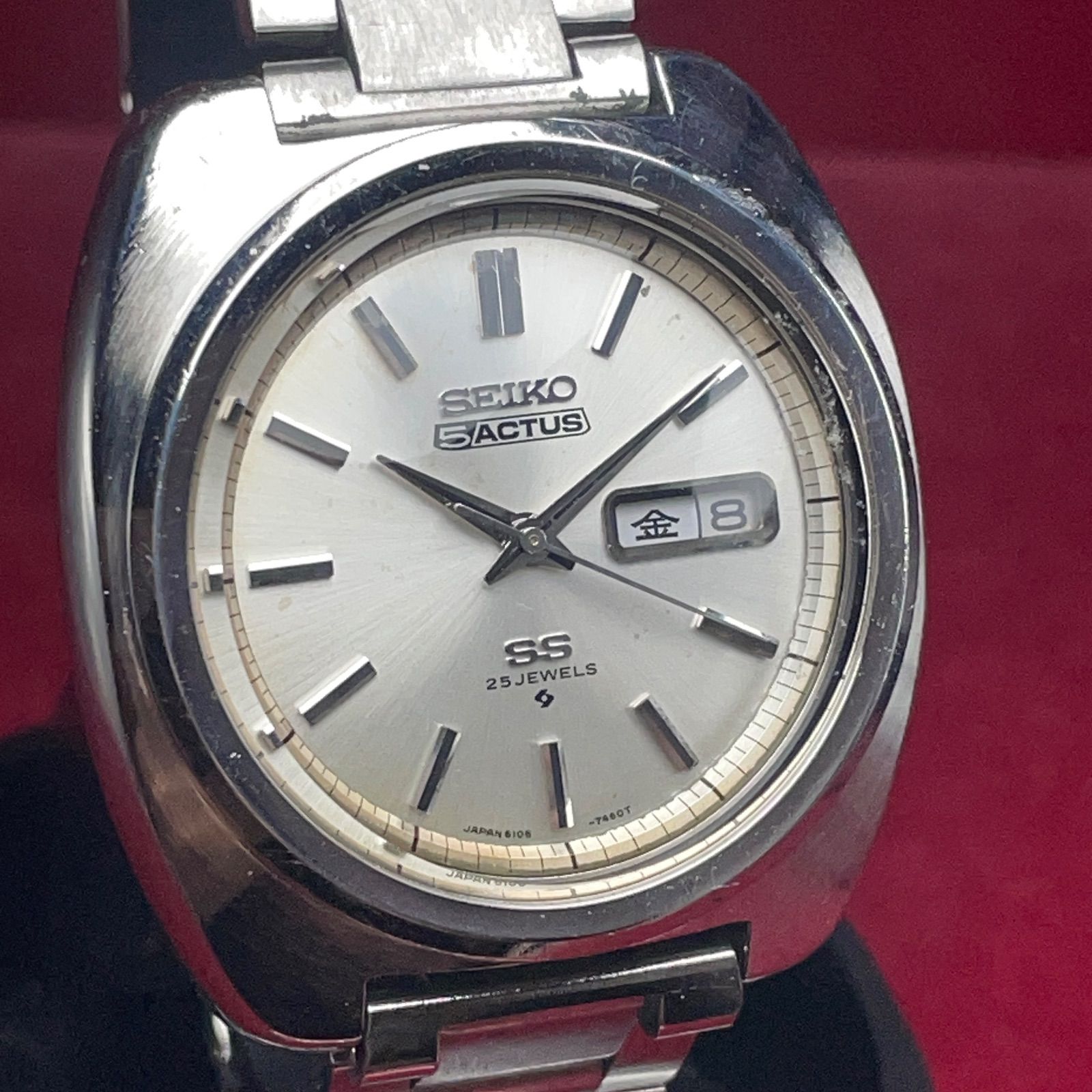  オーバーホール済 SEIKO 5 ACUTUS SS 25石 自動巻 稼働品 ヴィンテージ アンティーク デイデイト セイコー Snake製SSブレス ワイドデニム 自動巻き時計 腕時計(アナログ)