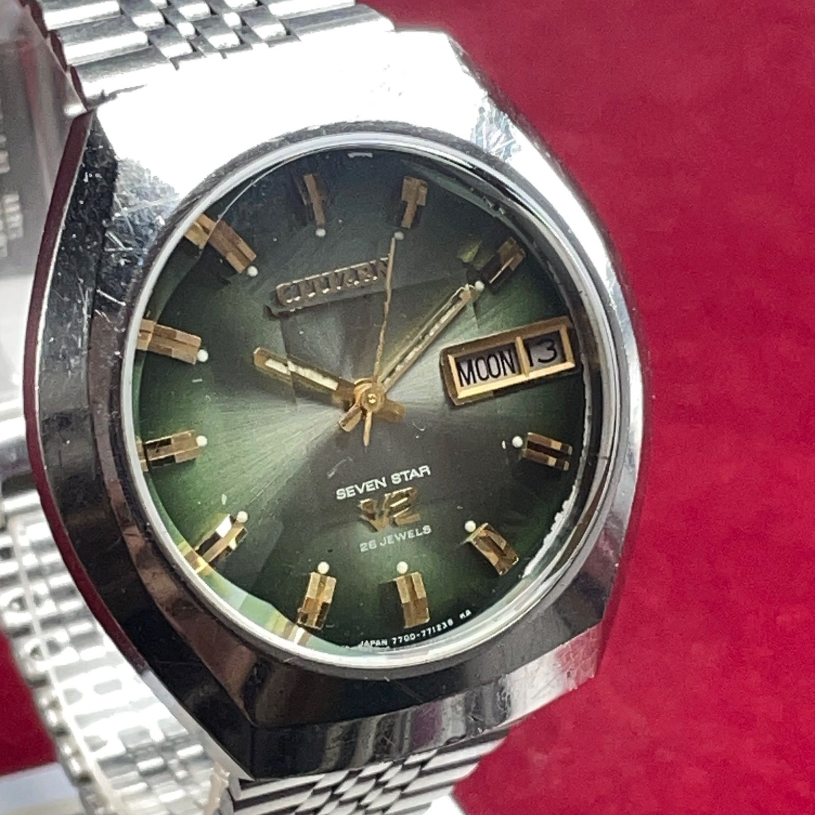  OH済 70s CITIZEN SEVEN STAR V2 ガラス風防 ヴィンテージ アンティーク 稼働品 シチズン 腕時計 ブラック系 自動巻き時計 腕時計(アナログ)