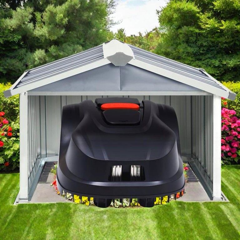 頑丈-防錆 ロボット芝刈り機用シェッド 亜鉛メッキ鋼製 ロック ドア-通気口付き 屋外収納 コンパクト設計 92 x 97 63 cm 自動ガーデンロボット対応 グレー