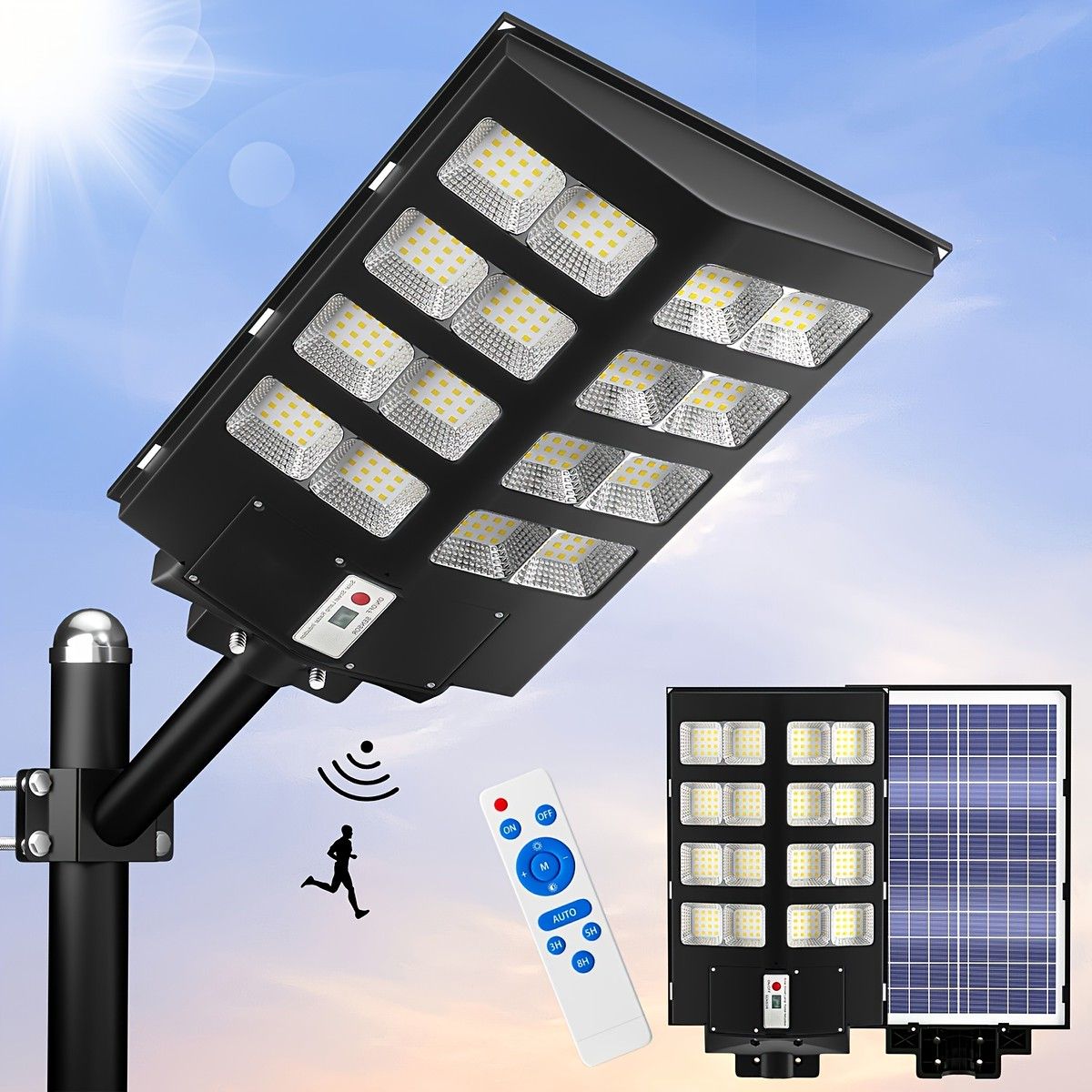 ソーラー充電＆人感センサー 屋外用LED街路灯 駐車場 庭 玄関先を明るく照らす 防水防塵IP 65 リモコン付き ガーデンライト 防犯灯 投光器