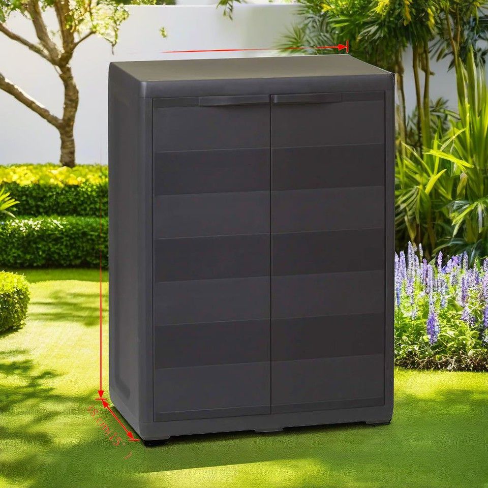 頑丈＆大容量 ガーデン収納キャビネット 屋外用 ツールボックス 多段棚設計 ブラック 耐候性 工具入れ 庭 ベランダ DIY用品 収納庫 物置 省スペース