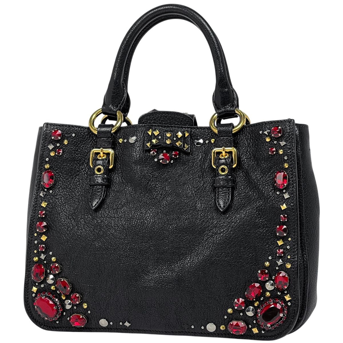 MIU MIU ブラックハンドバッグ ストーン装飾 ミュウ ミュウ Miu Miu ロゴ ハンドバッグ スタッズ ラインストーン