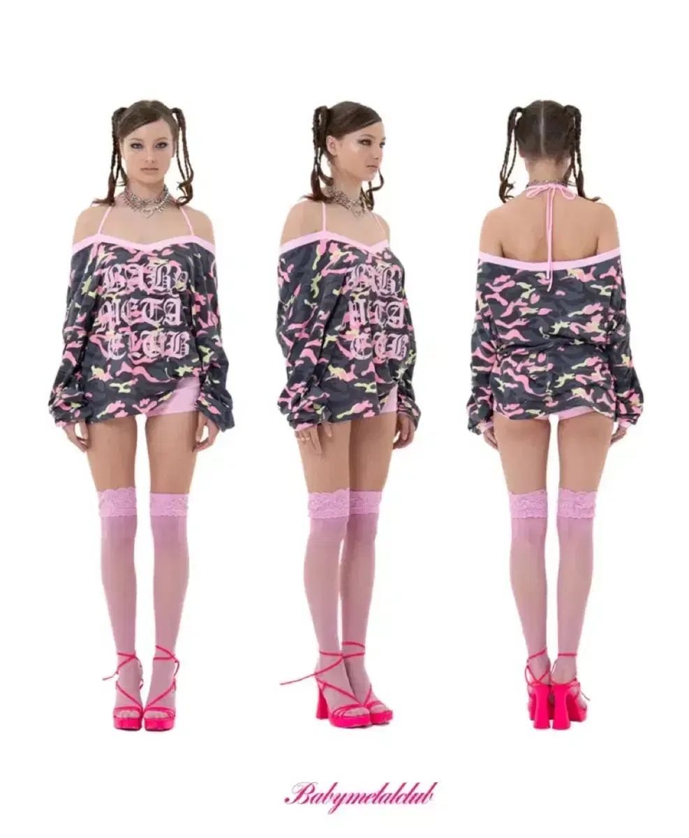 Babymetalclub ベベメク ネオン ピンク カモフラ オフショルダー Tシャツ