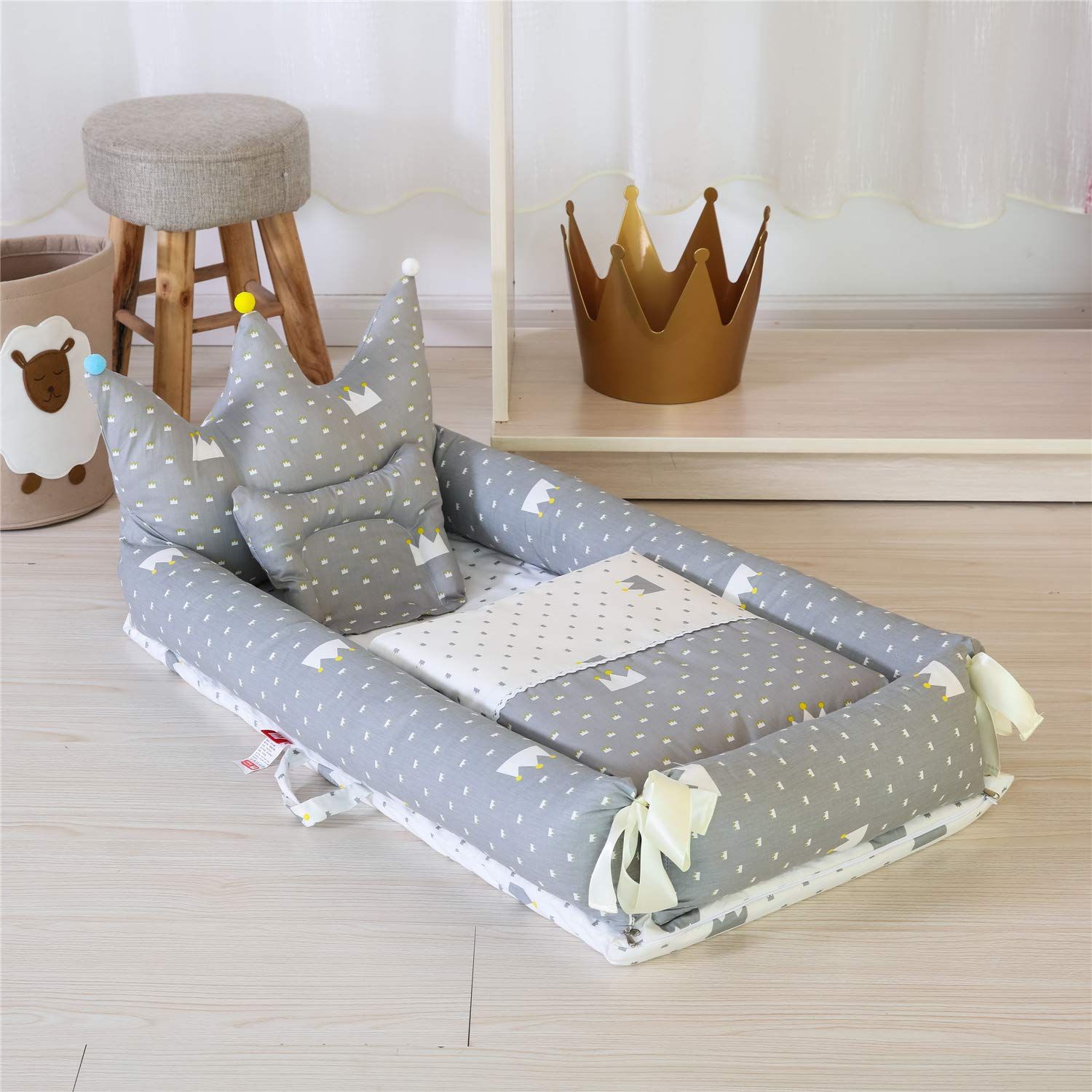 新品 Luddy ベビーベッド 新生児 シーツ付き 枕付き ベッドインベッド ベビーベッド 添い寝 ポータブル 出産祝い 通気性洗濯可能 0-36ヶ月 グレー 95*55*35cm