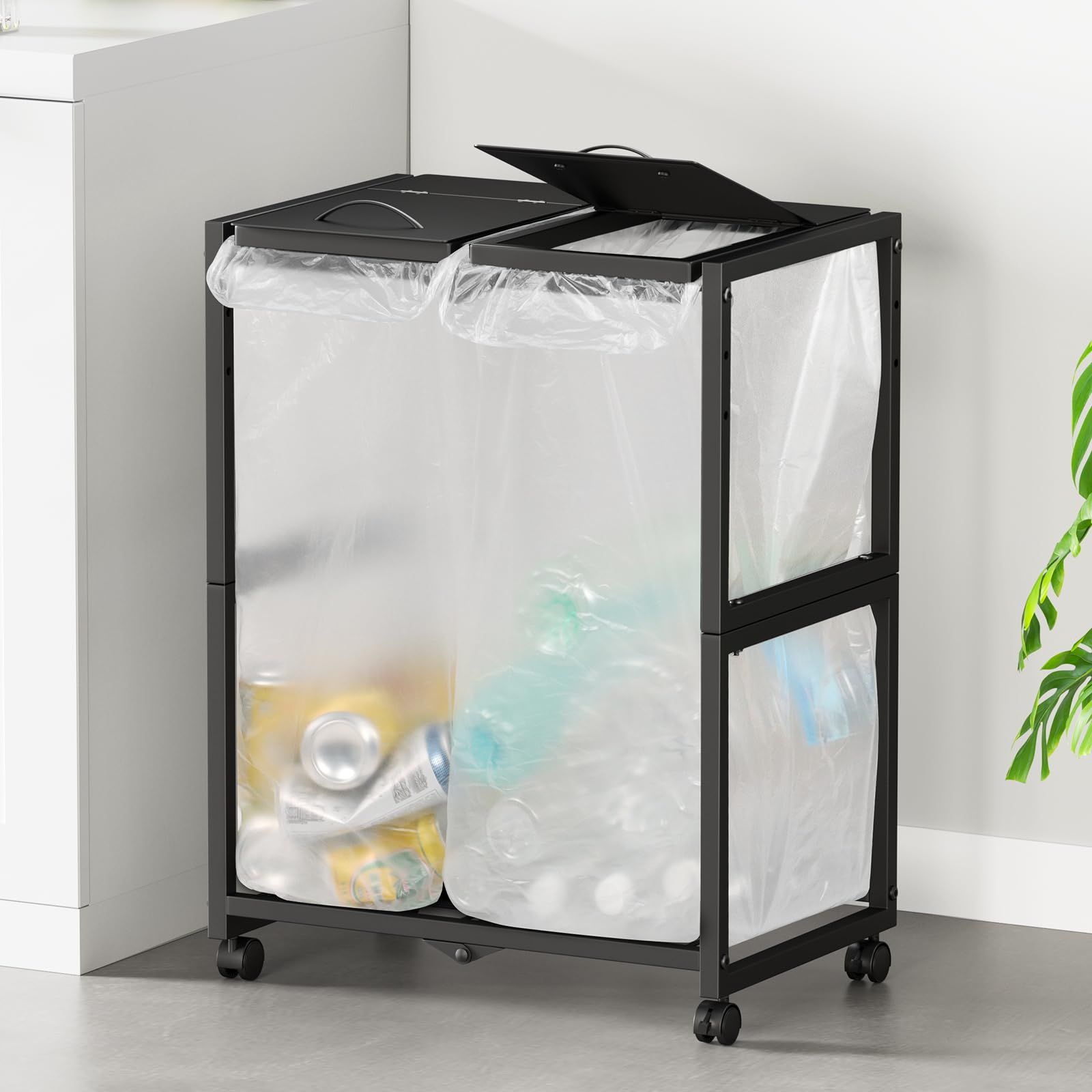 TTWO ゴミ袋ホルダー 45 L×2分別 平袋 U型袋両対応 ダストワゴン 高さ三段調節10~55 L袋対応 約W 48×D 32.5 xH 65 cm ゴミ袋スタンド 分別ゴミ箱 塵袋ホルダー レジ袋スタンド 大容量 蓋つきゴミワゴン 頑丈フレーム構造 使いやすい