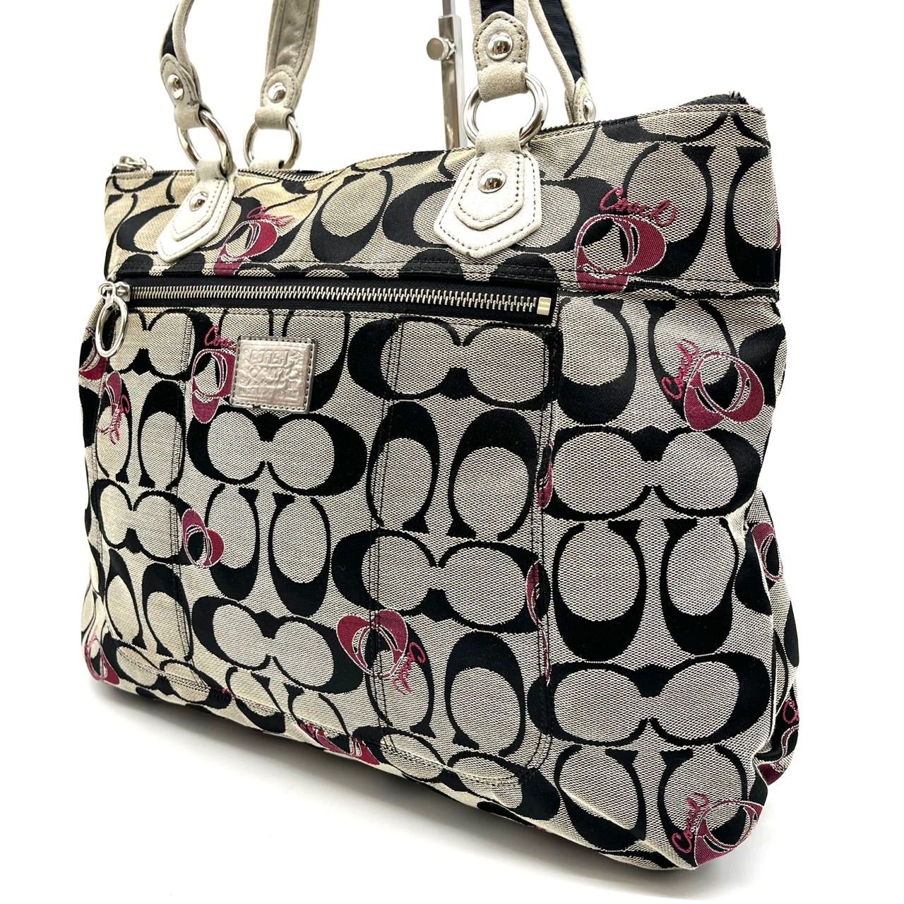 良品】 COACH Y2K POPPY signature gray black white canvas leather 