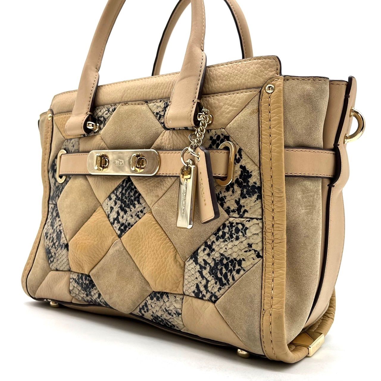 良品】 COACH Y2K patchwork beige brown leather python leather 