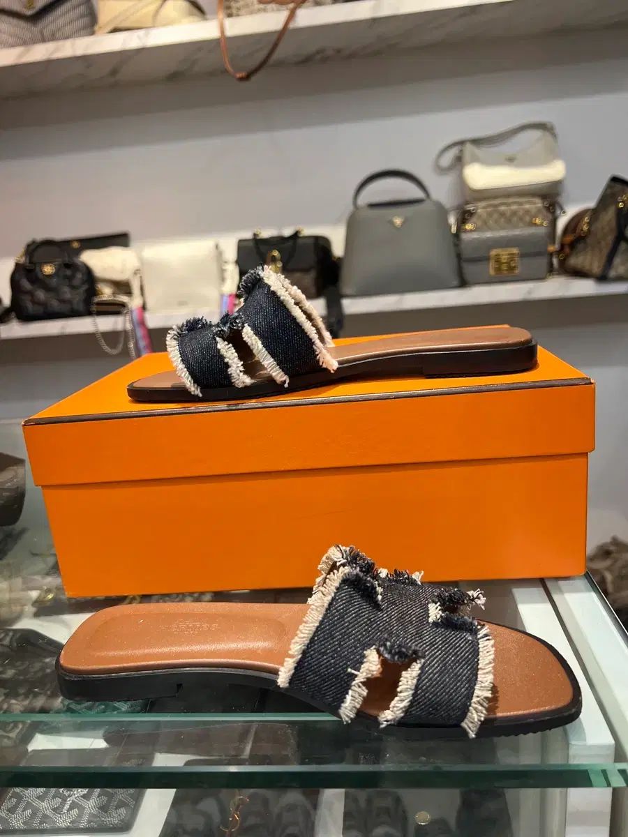 エルメス オラン サンダル ブルー ブリュ デニム フリンジ 36 5