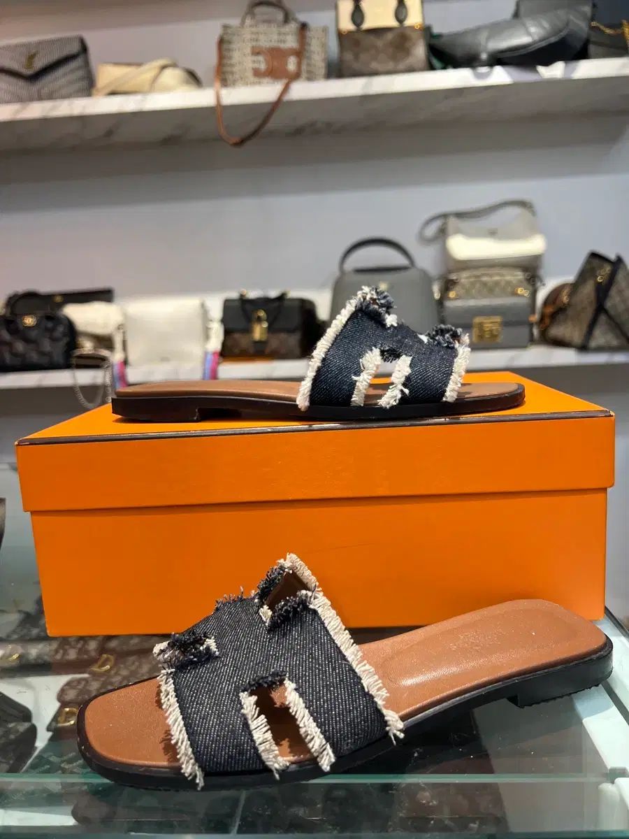 エルメス オラン サンダル ブルー ブリュ デニム フリンジ 36 5