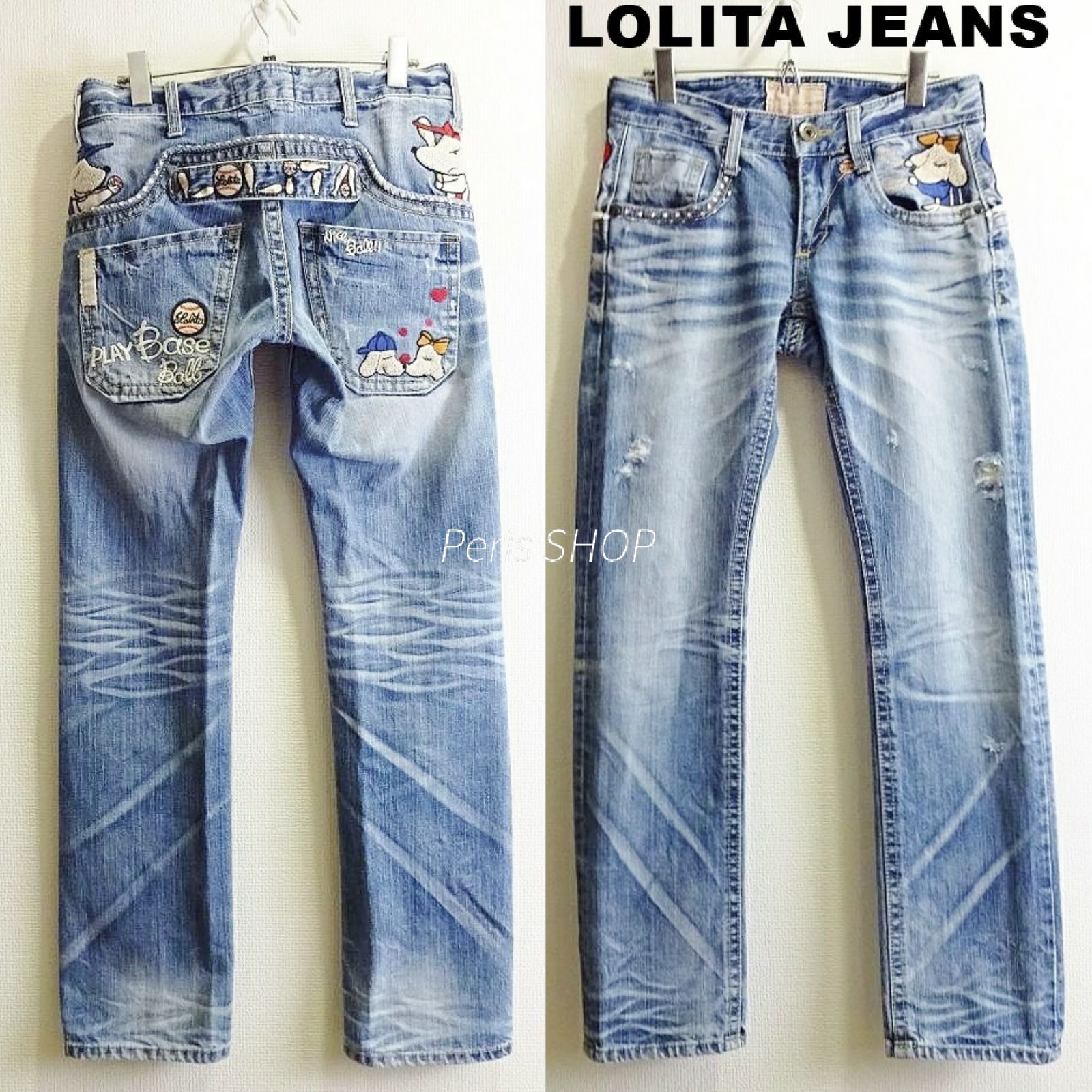 ロリータジーンズ キャラクター ストレートデニム W 77 cm ボアワッペン レディース 野球 ライト インディゴ Lolita Jeans