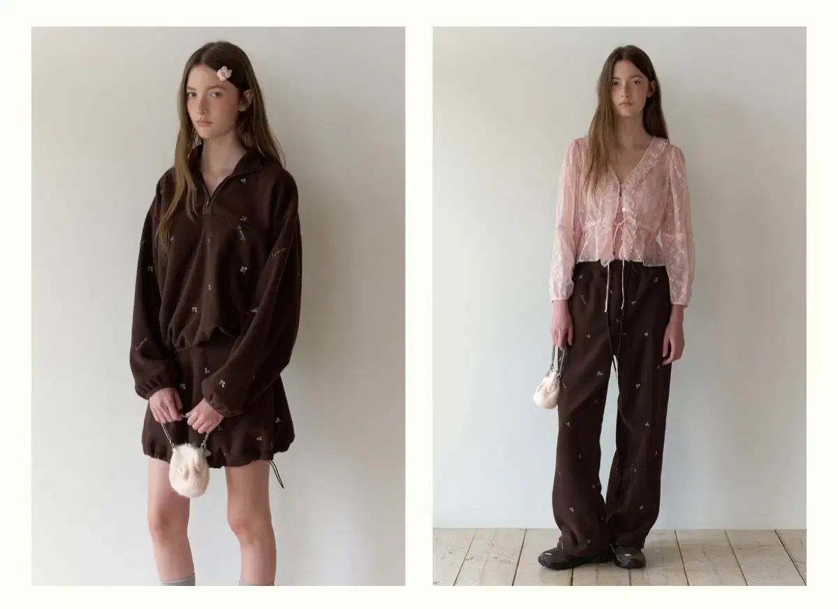 スンス シルバーリー フリース ブラウン アノラック ジョガー スカート セットアップ