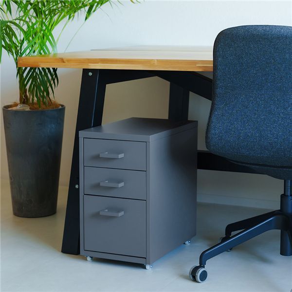 くらしのストレージワゴン3段(グレー/灰) オフィス デスクワゴン スチール キャビネット デスクサイド 引出し モダン 事務所 書類収納 サイドワゴン 収納 韓国インテリア 組立品 NK-480