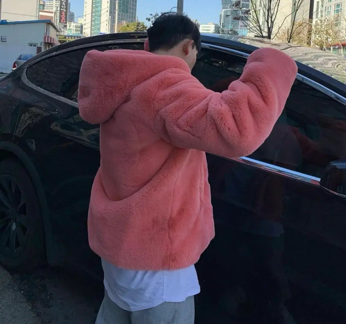 コーラルピンク ハイクオリティ ファーWHO フーディー 100-105