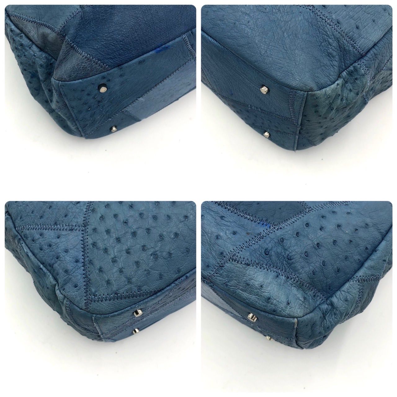 激レア】パッチワーク オーストリッチ 本革 ハンドバッグ 青 ブルー 