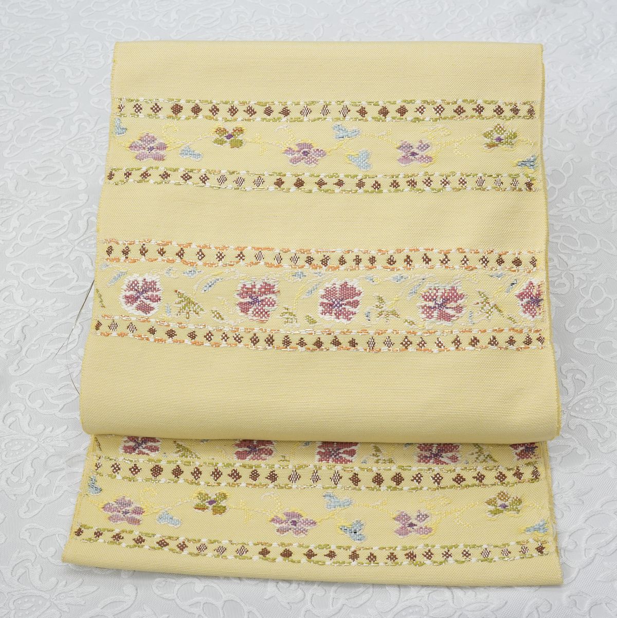 帯屋捨松 手織 西陣織 八寸名古屋帯 新品未使用品 正絹 松葉仕立て パープル系 新品未仕立 西陣織 八寸名古屋帯 帯屋捨松【ペルシャモール段文