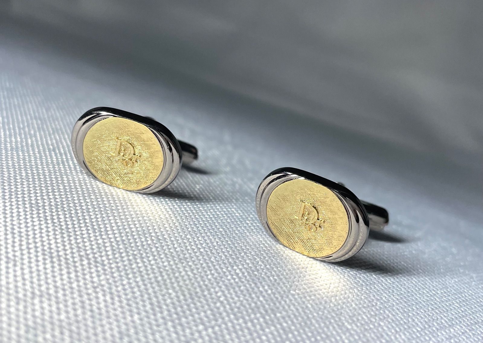 Dior ディオール ブランドロゴ＆メッシュデザイン ヴィンテージ ゴールド＆クロームシルバー カフス カフリンクス ボタン