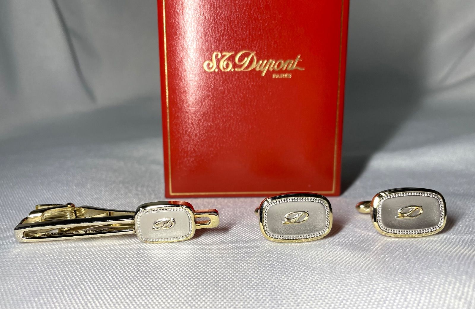 S.T.Dupont デュポン Dロゴ ゴールド＆艶消しシルバー カフス ネクタイピンセット カフリンクス タイピン ボタン ケース有