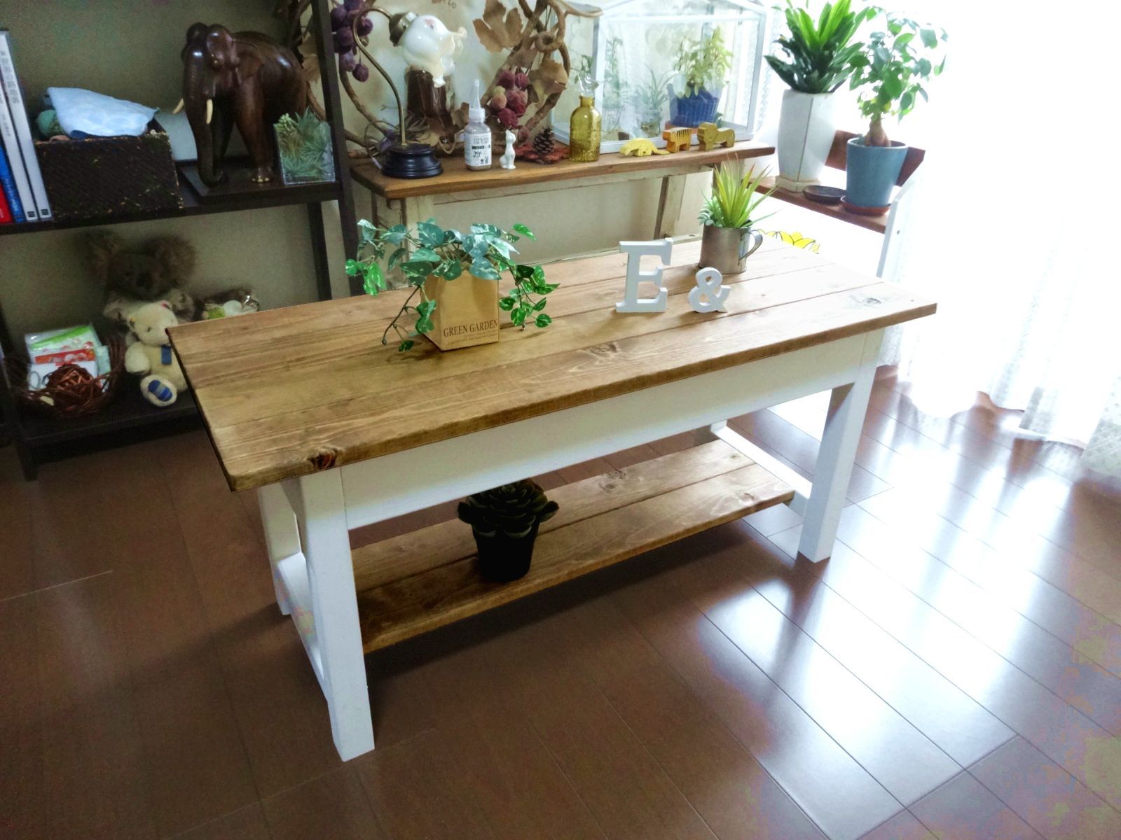  ハンドメイド ウッドツートンテーブル チーク×ホワイト テーブル 机 家具