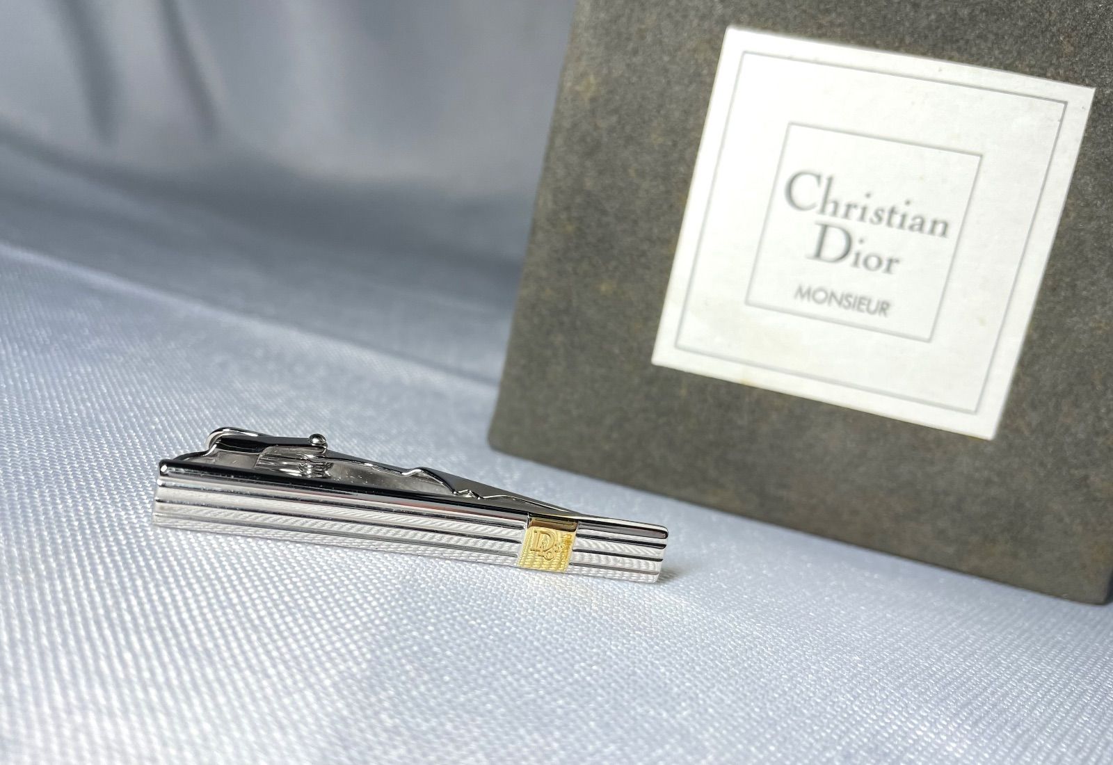 Dior ディオール ブランドロゴ ストライプライン ヴィンテージ ネクタイピン タイピン タイバー ゴールド＆シルバー ケースあり