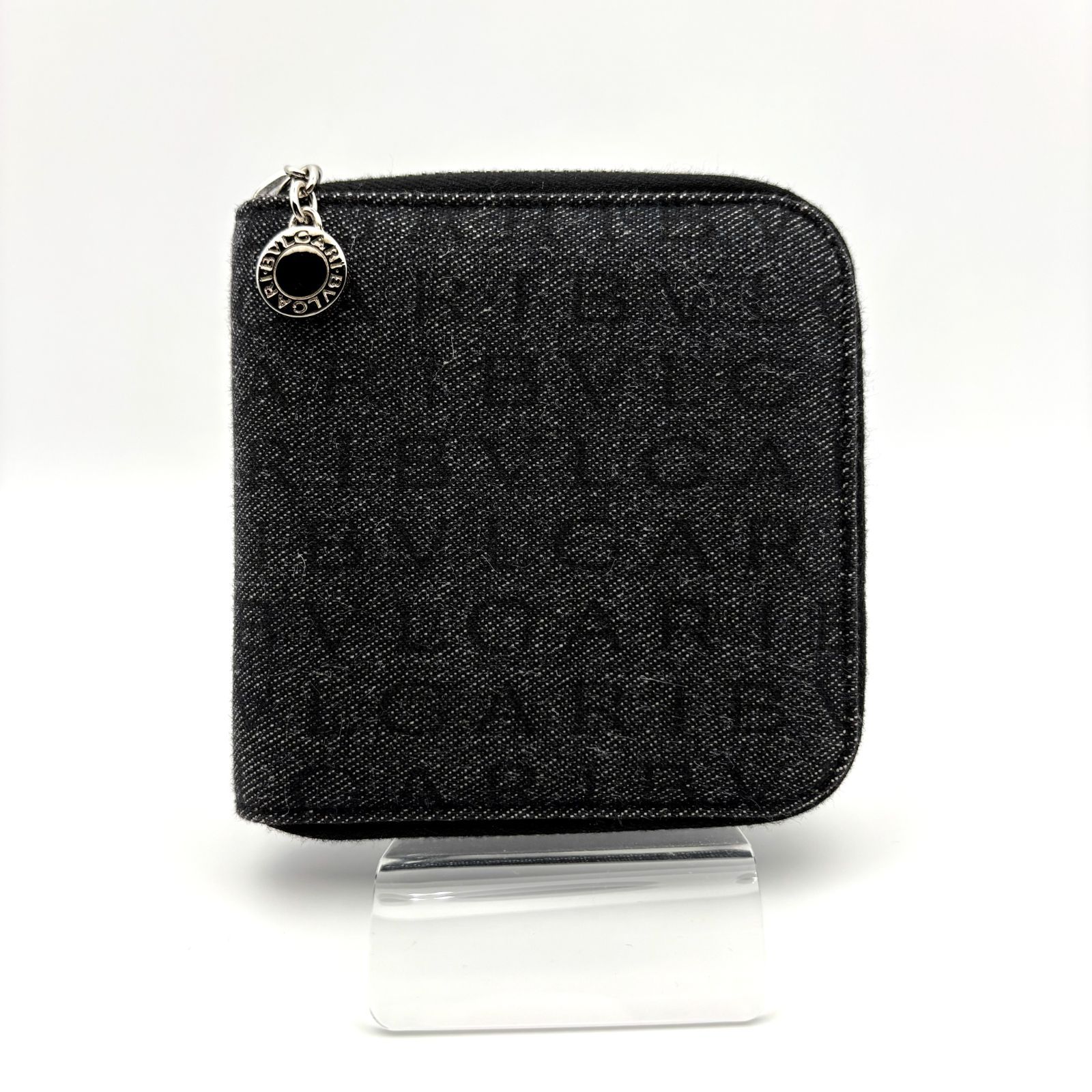 BVLGARI ブルガリ ロゴマニア デニム ラウンドファスナー 二つ折り財布 グレー