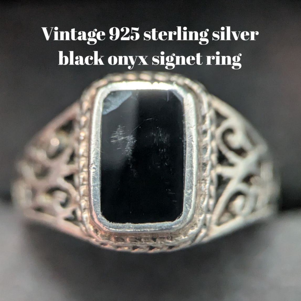 925 シルバー ブラックオニキス シグネットリング フィリグリー レース