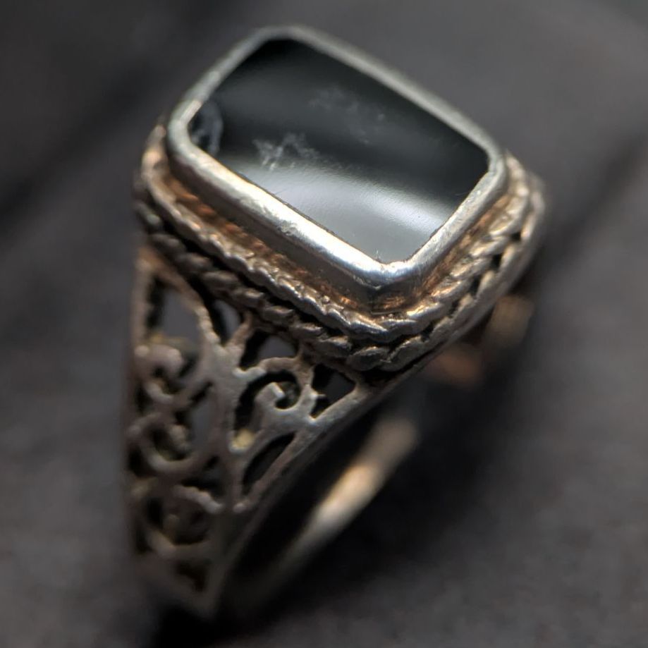 925 シルバー ブラックオニキス シグネットリング フィリグリー レース
